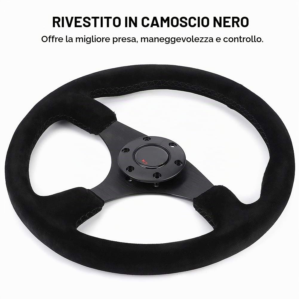 Volante Alcantara+ Volante 14 pollici / 350 mm per volante da corsa automobilistico in pelle scamosciata nera a 6 bulloni stile Cuciture nere con pulsante clacson