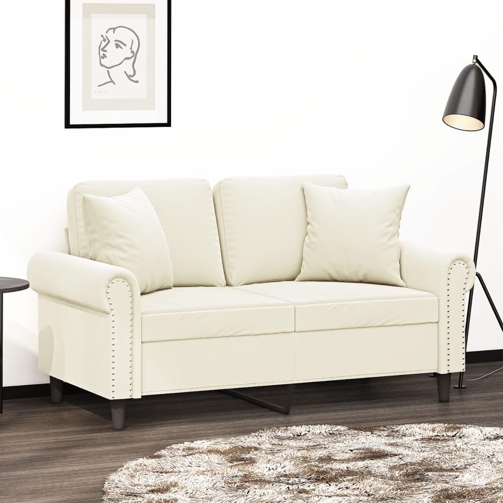 Canapé 2 places avec coussin décoratif crème en velours 120 cm - Pour salon et chambre d'amis, avec fonction couchage et espace de rangement