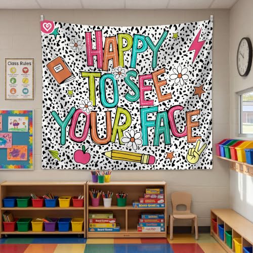 Hahafelt Classroom Wall Tapestry Elementary Room Decor 50 x 60 Welcome Boho Classroom Banners Decor for Back to School and 10 Self Adhesive Wall Hangers First Day of School(Happy to See Your Face)