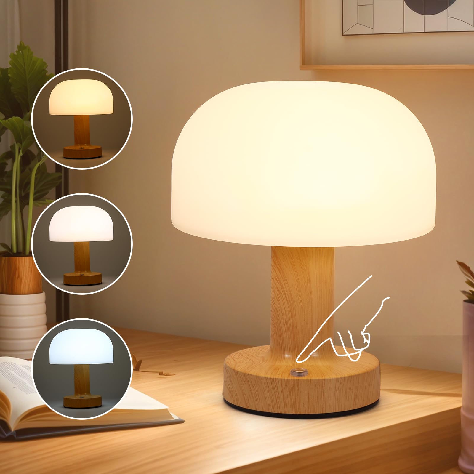 Touch Lamps Bedside,LED Table Lamp,Eye Caring Kids Bedroom Night Light with Dimmable, 3000mah Cordless Lamp USB Rechargeable Lamps,Night Light Baby for Baby Nursing Bedroom Living Room (Wood Color) — image 1
