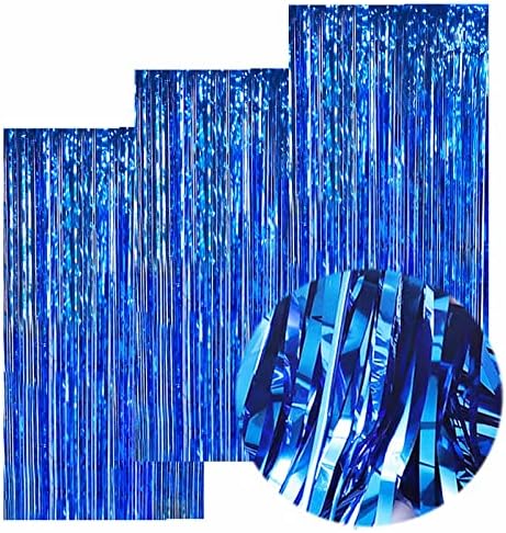 EUFARS Blue Foil Fringe Curtains, Blue Streamers Backdrop, 3Packs 3.2ft x 8.2ft Blue Metallic Tinsel Curtains for Birthday Party Photo Booth Props Backdrop Decorations