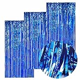 EUFARS Blue Foil Fringe Curtains, Blue Streamers Backdrop, 3Packs 3.2ft x 8.2ft Blue Metallic Tinsel