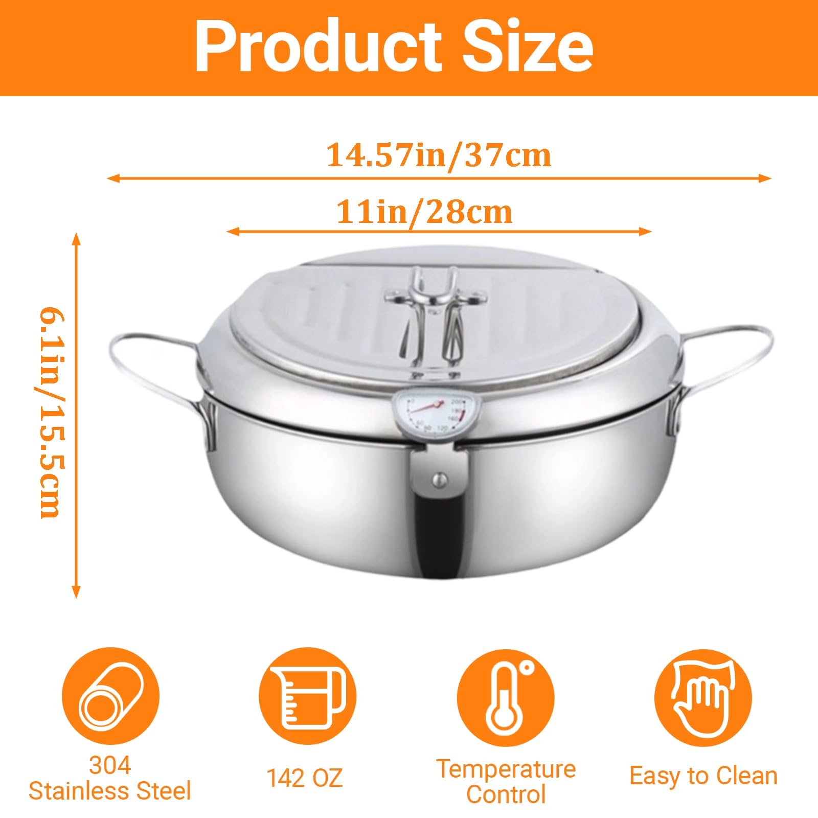 Olla para freidora, olla japonesa con termómetro y escurridor de aceite, olla tempura de acero inoxidable 304 para estufa de gas y cocina de inducción para papas fritas y alas de pollo 2
