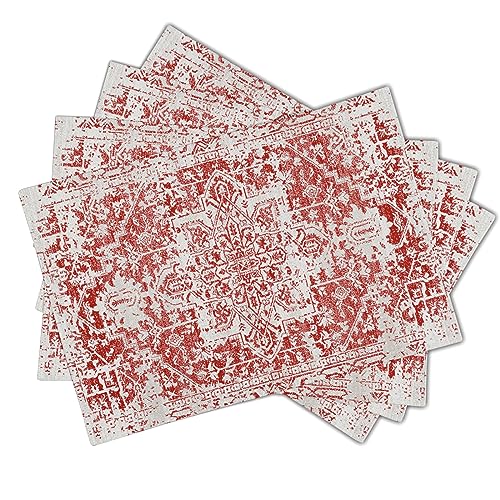 Image of Gray Red Boho Placemats Set of 4 Ethnic Bohemian Carpet Place Mats Washable Kitchen Dining Vintage Grey Geography Floral Linen Table Mats Stain Heat-Resistant Cloth Tabel for Home Party 12x18 in