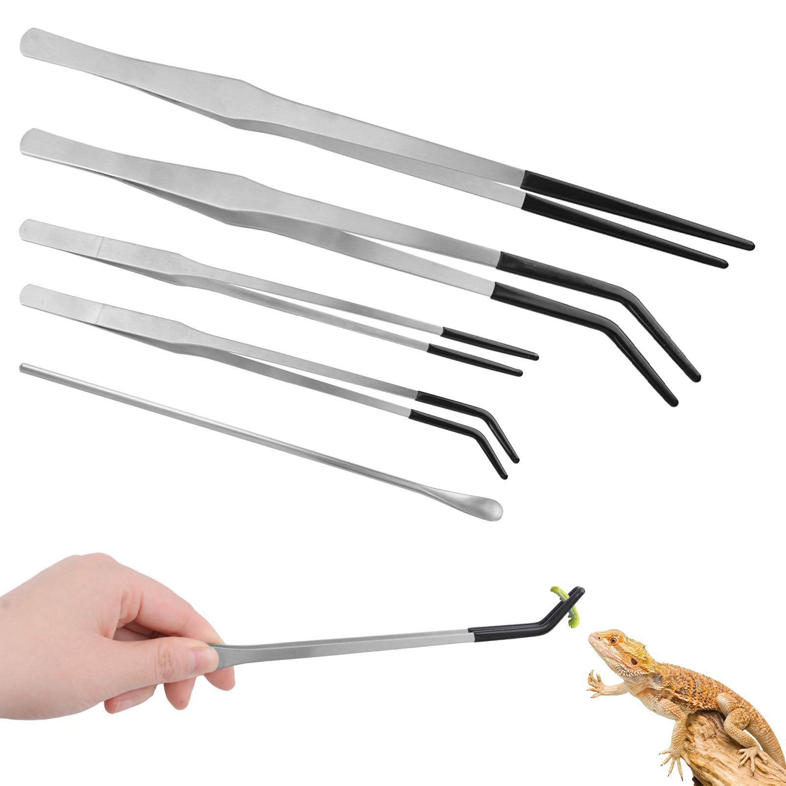 Pinzas de alimentación de reptiles de acero inoxidable con punta de goma, 6 pinzas largas rectas y curvadas, terrario, herramientas de acuascape, alimentador para lagartos, dragón barbudo