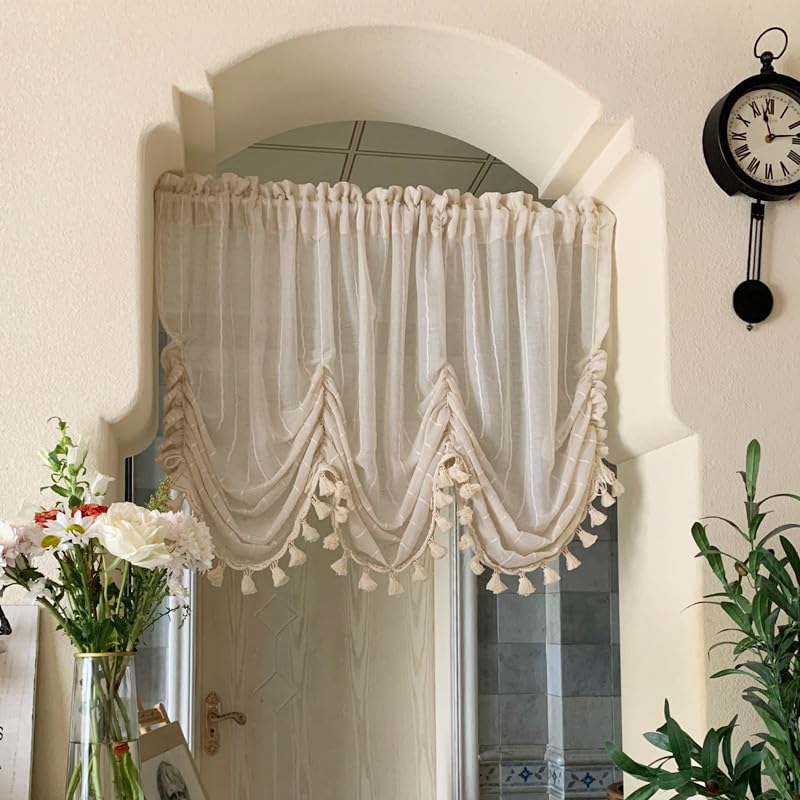 Lacomfy Farmhouse Style Adjustable Balloon Curtain Linen Tie Up Shade Curtain Light Filtering Window Valance Country Roman Shade Valance for Windows