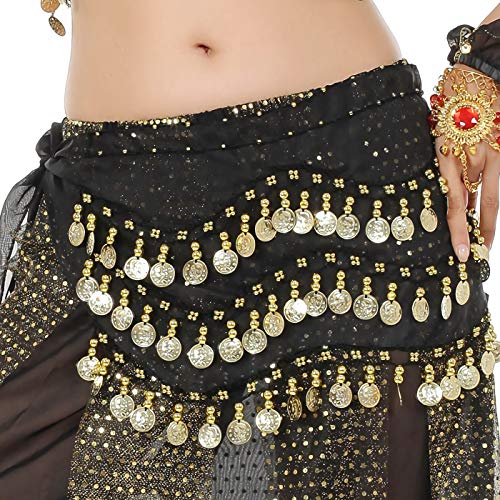 WAYDA Hip Scarf for Belly Dancing, Women's Sweet Belly Dance Hip Scarf with 128 Gold Coins Skirts for Bellydance, Zumba or Yoga Class, Excellent for Bellydance Practice