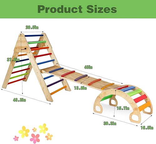 Miniatura 2 de ECOMEX Juego de triángulos Pikler 7 en 1, escalera triangular plegable con rampa y balancín de arco, rampa de madera Pickler para niños pequeños,