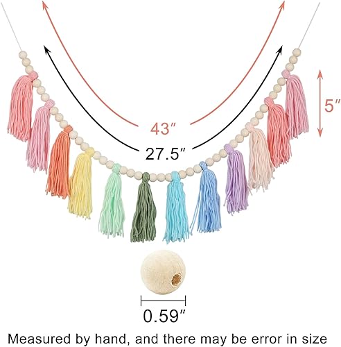 Vista 8 de Guirnalda de borlas azules con cuentas de madera, pancarta bohemia de algodón con borlas para colgar en la pared, decoración de fiesta