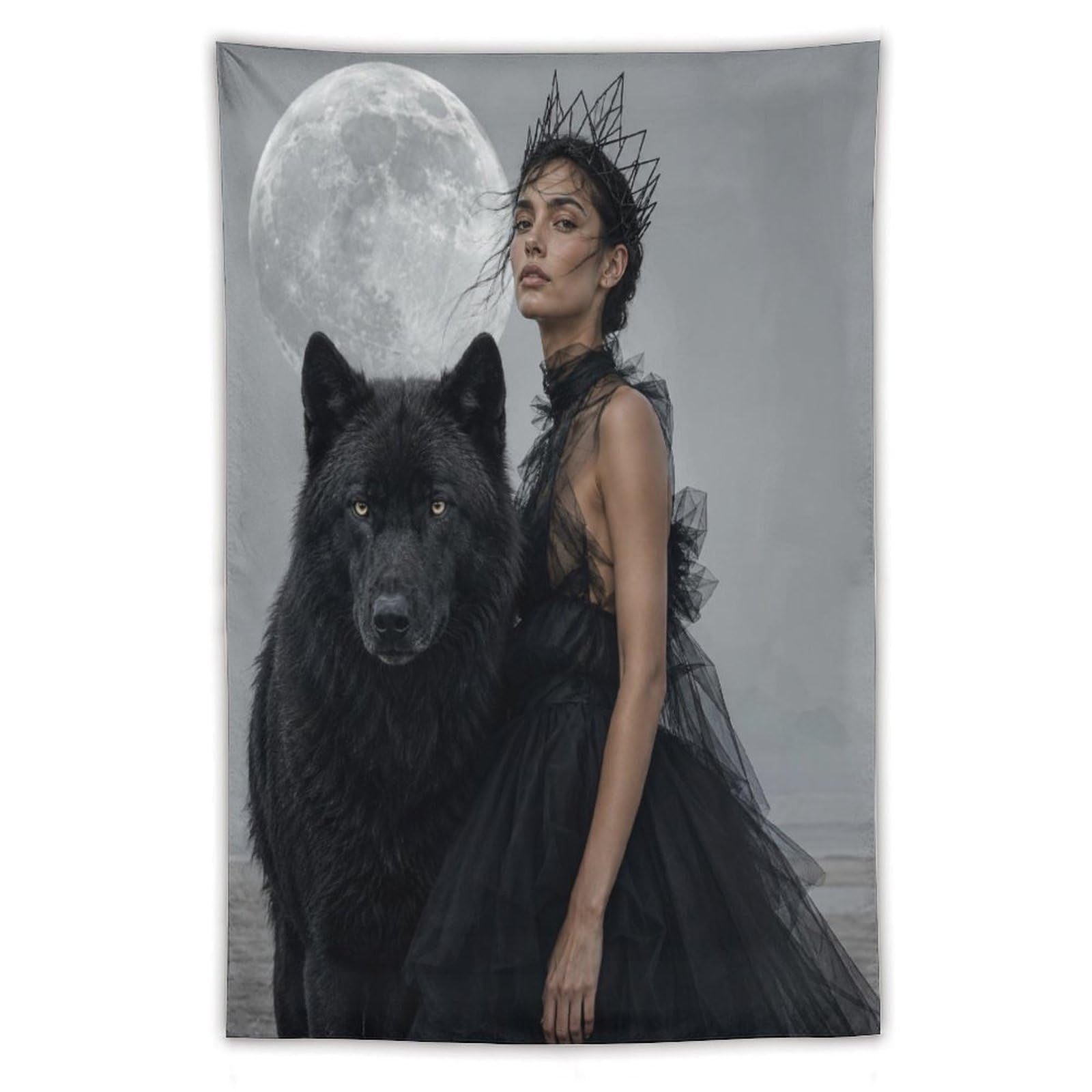 H3B8U2Y5 Woman with Black Wolf Wall Tapestry, Surrealist Style, Backdrop