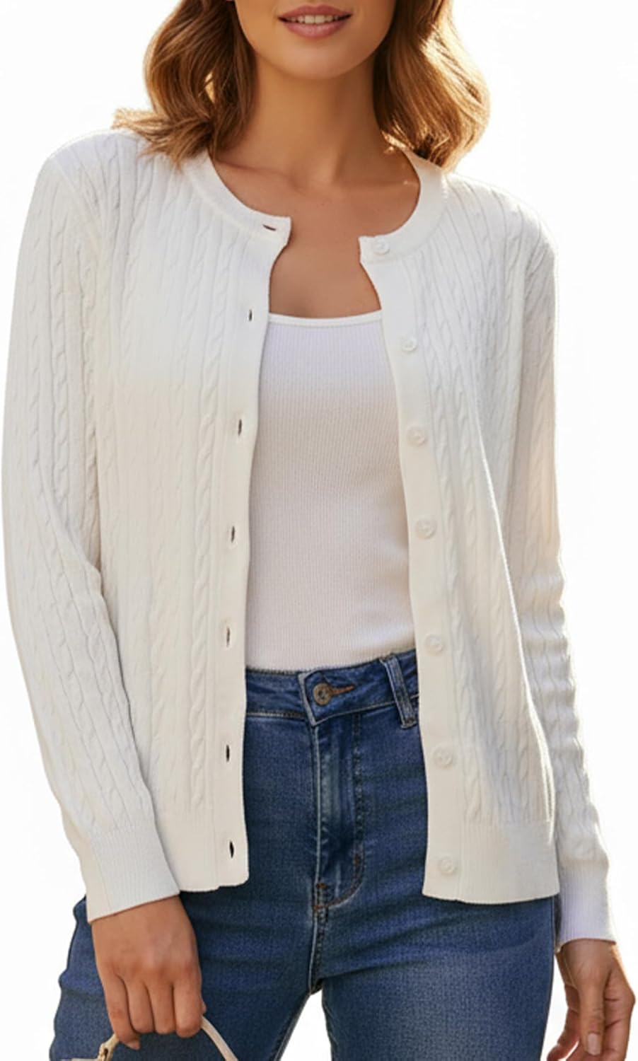 YODNBUK Cardigan Sweaters for Women Chunky Cable Knit Button Down Crewneck Long Sleeve Soft Fall Winter Top