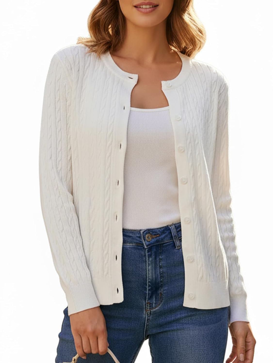 Cardigan Sweaters for Women Chunky Cable Knit Button Down Crewneck Long Sleeve Soft Fall Winter Top