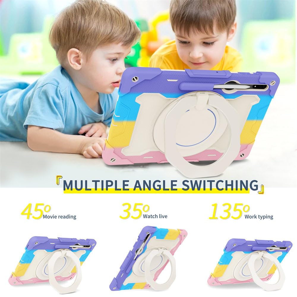 JZ Handheld Rotating Ring Bracket Armour Silicone Sprawa Dla Samsung Galaxy Tab S9 Ultra 14.6 inch SM-X910/X916 Tablet - [Shoulder Strap][Angle Adjustment][Pencil Holder] - Colorful Pink