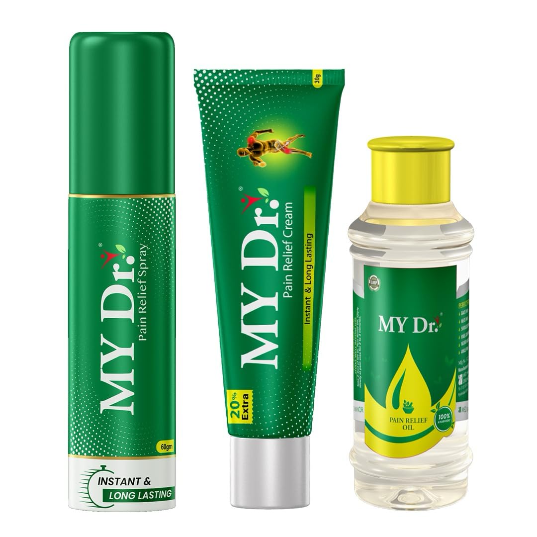 My Dr. 3-in-1 Ayurvedic Pain Relief Combo – Spray 85ml + Oil 60ml + Cream 60gm | Instant & Long-Lasting Relief from Back, Knee, Neck, Shoulder, Hip, Muscle, Joint, Calf, Ankle, Elbow Pain, Sports Injuries, Cramps, Strains, Gym Aches, Arthritis, Sciatica & Stiffness | Doctor-Trusted | Non-Sticky | Safe to Use Daily | Easy to Use