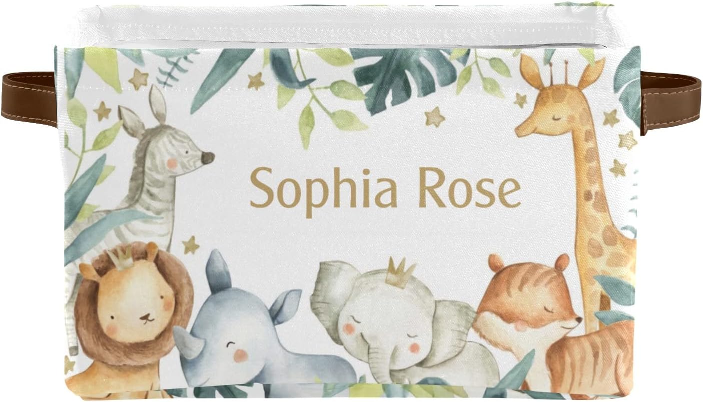Safari Animals Jungle Forest Personalized Storage Bins ,Baskets Cubes Organizer with Handle for Shelves Closet Nursery Toy 1 Pack