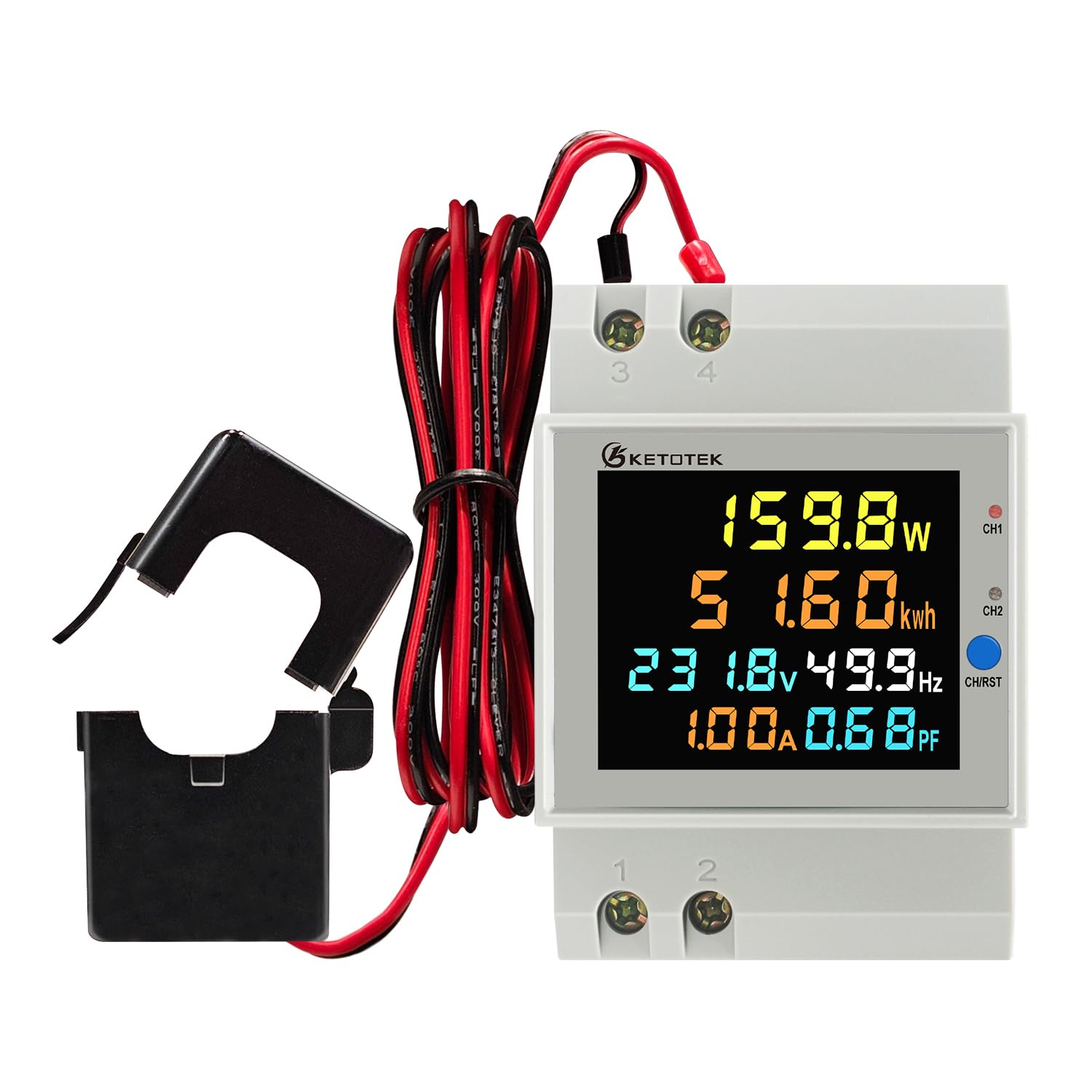KETOTEK Contatore Energia Elettrica Monofase, 2 Canali - Misuratore Consumo Elettrico su Guida DIN AC40-300V con 2 CT da 100A, Contatore kWh con Trasformatore di Corrente a Nucleo Diviso