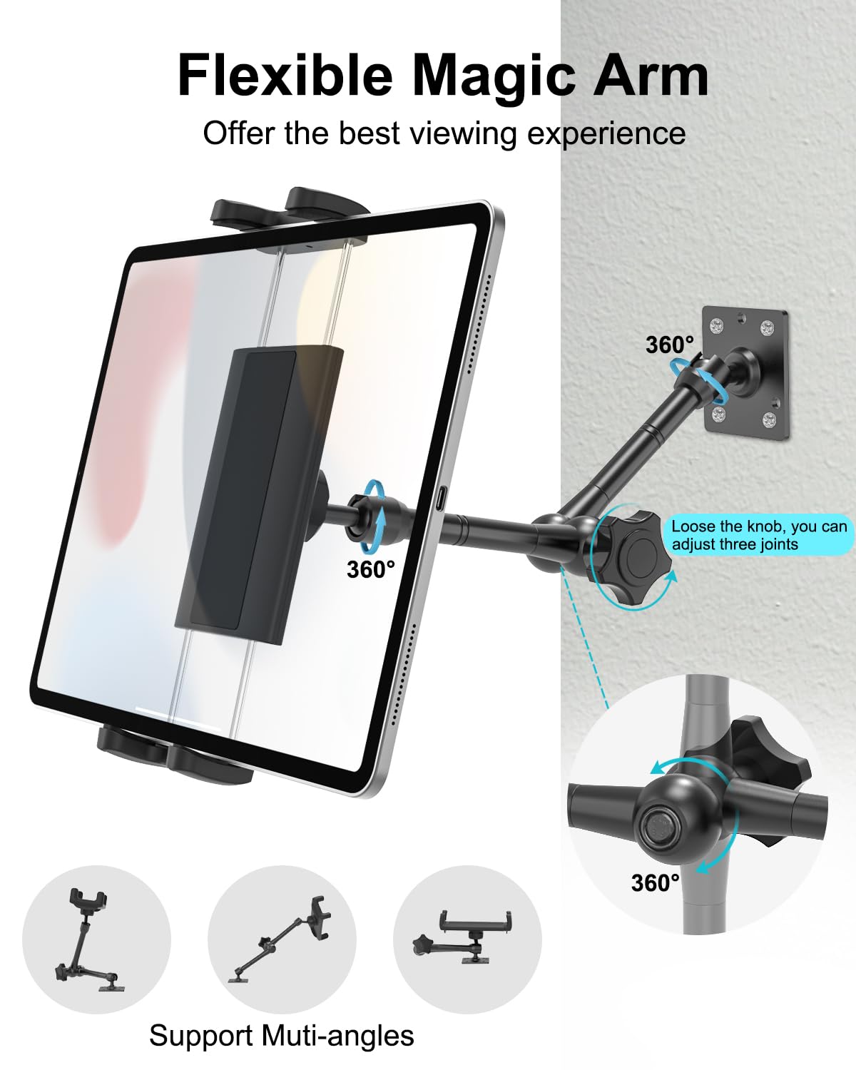 Soporte Tablet Pared Universal, Ajustable Metal Soporte Pared Cocina para iPad 10,9, iPad Pro 13 12.9 11, iPad Air 6 5 4, iPad Mini, Galaxy Tab A9+, iPhone, 4" -13" Tableta y Teléfono