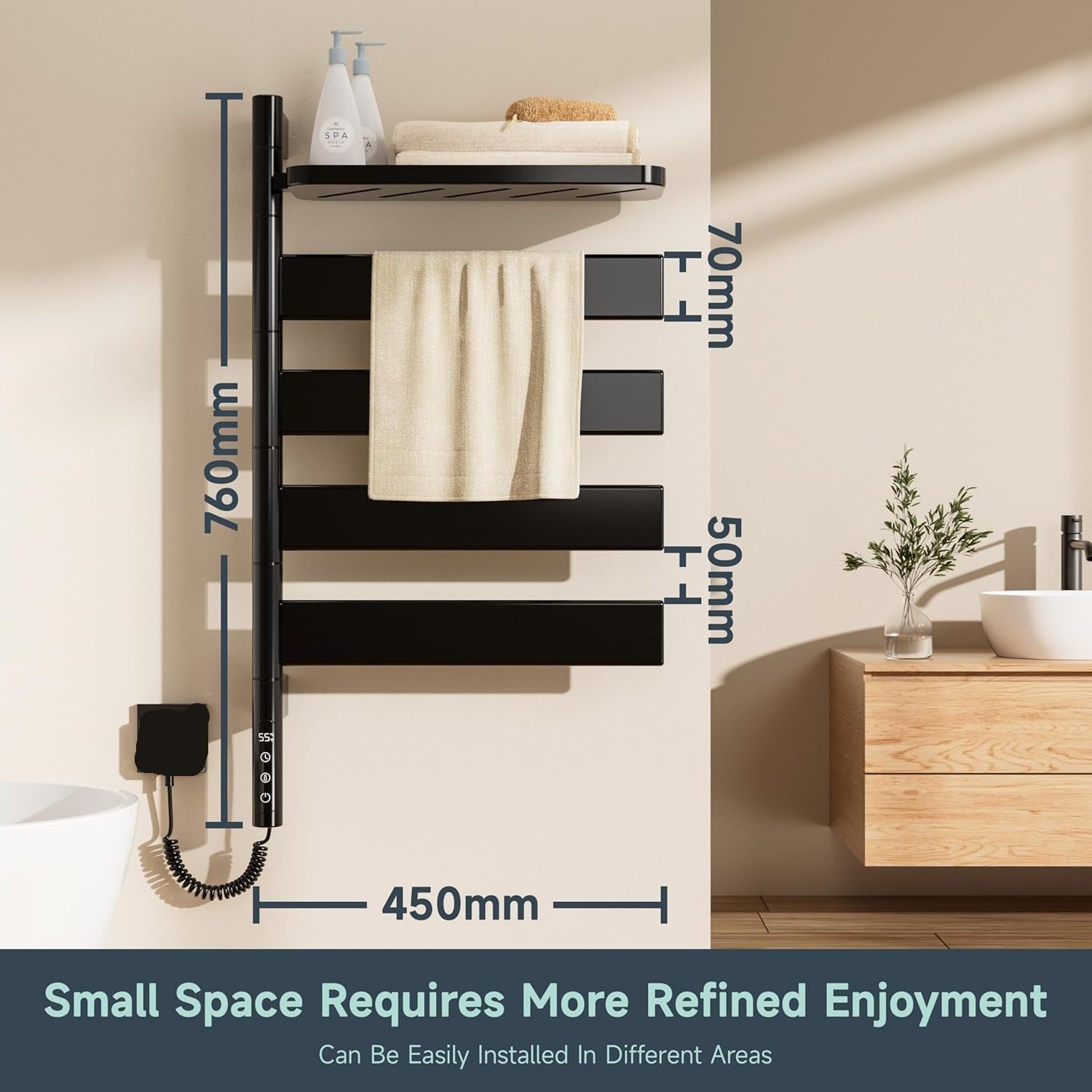 Scalo Asciugamano, 80W portaasciugamani riscaldati a Parete con Display a LED, Controllo temporaneo 30-70 °C, Timer 1-9h, IPX4 Impermeabile, 5 Livelli per Il Bagno