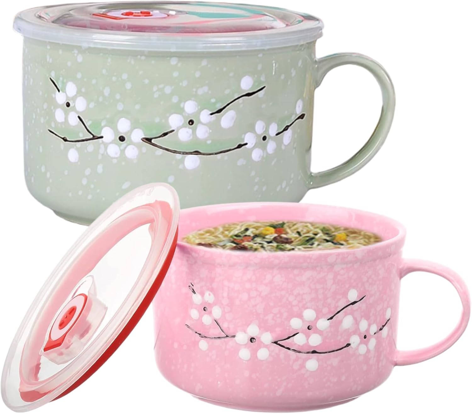 Soup Bowls with Lids and Handles|2Pcs Soup Bowls with Handles, 800ml/28oz Sealing Heat-Resistant Microwave Mug with Lid Floral Wintersweet Ceramic Travel Mug for Ramen, Noodle, Porridge