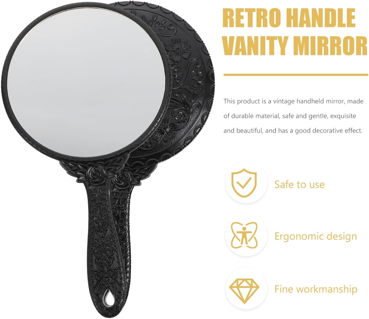 minkissy Retro Hand Mirror Vintage Black Handheld Mirror with Ergonomic Handle Portable Hand Makeup for Women Lightweight Compact Travel Vanity with High Definition Reflection