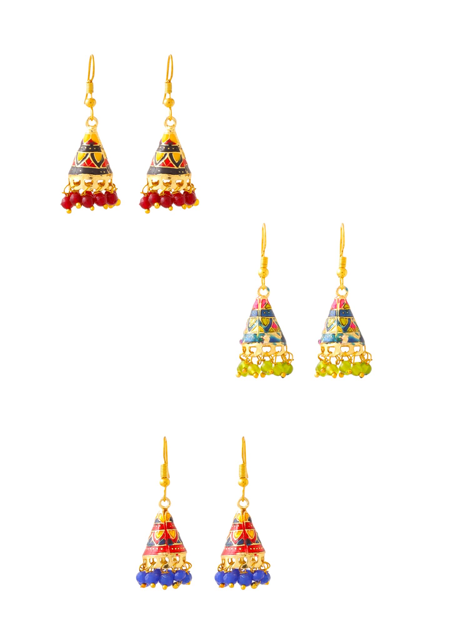 Craftsmanship Work Meenakari Handcrafted Jaipur Rajasthani Style Traditional Gold Plated Multicolour Jhumka/Jhumki Earrings for Women - Combo of 3 Pair