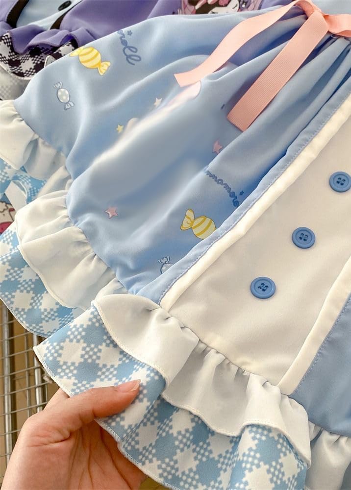 Girls Cute Anime Cartoon Print Cosplay Sky Blue Sweet Dress Ruffles Sleeve Casual Dress Headband - Image 5