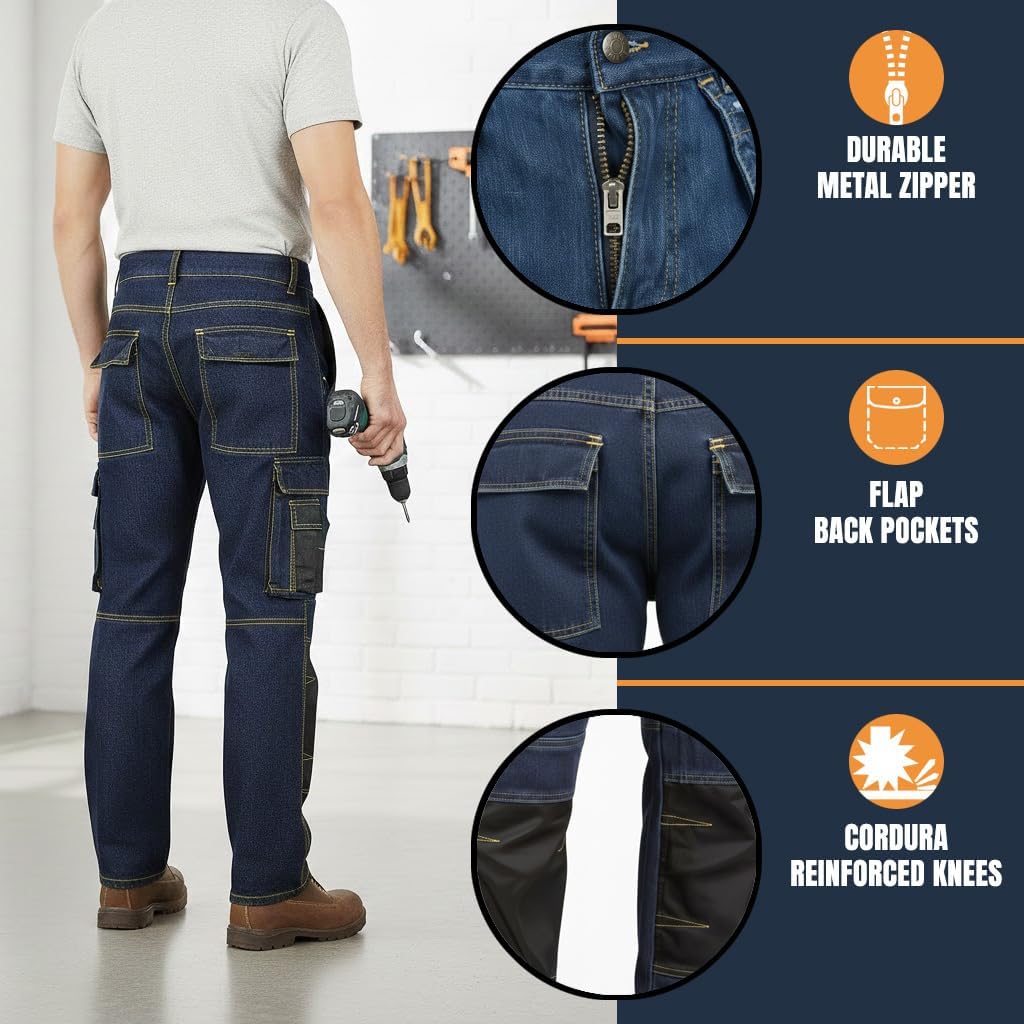 FASHIO FF Men’s Utility Work Jeans – Denim Cordura Work Pants with Holster Tool Pockets, Heavy-Duty Trouser for Men - Image 5