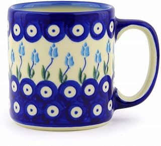 Authentic Polish Pottery Mug 12 oz in Peacock Tulip Garden Design Handmade in Bolesławiec Poland by Ceramika Bona + Certificate of Authenticity