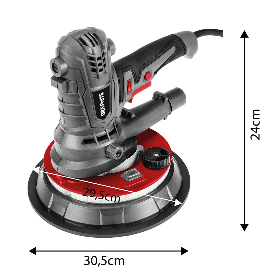 GRAPHITE Scheppach Lijadora de pared y techo - 1400-2700 RPM - Papel de lija de velocidad variable con luz LED - 900 W, tamaño de disco 180 mm - Lijadora profesional de yeso