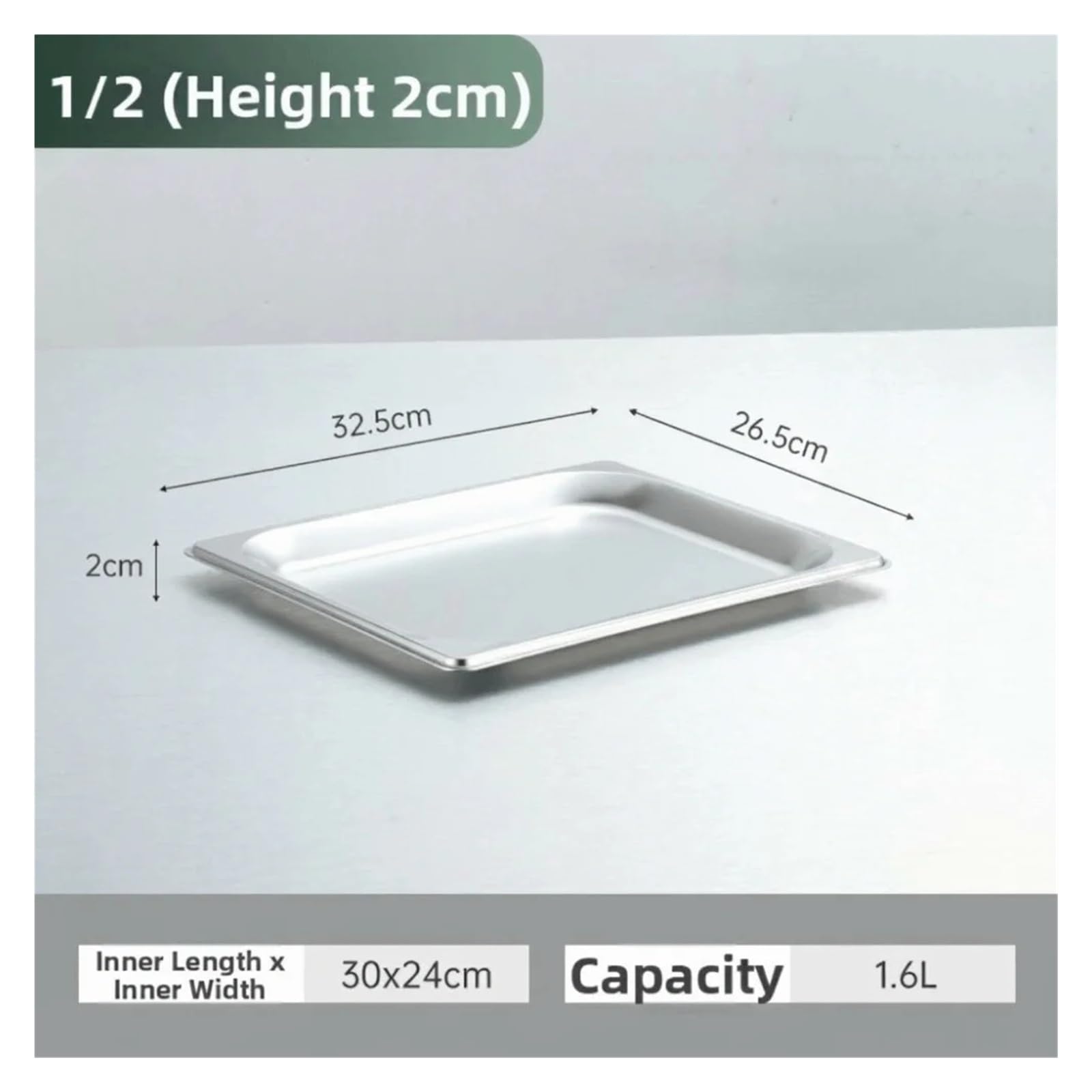 Teglia for Alimenti in Acciaio Inox 32,5 cm x 26,5 cm con Coperchio Vassoio Rettangolare Bacino Addensato(2cm)