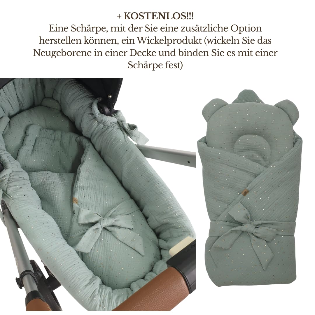 WIKLINOPOL Baby Stubenwagen – Komplettset mit Natur Moseskorb, Matratze & Bettwäsche aus 100% Baumwolle in Khaki Gold – sicherer Schlafplatz mit Rollen & Bremse – Modell Amelia