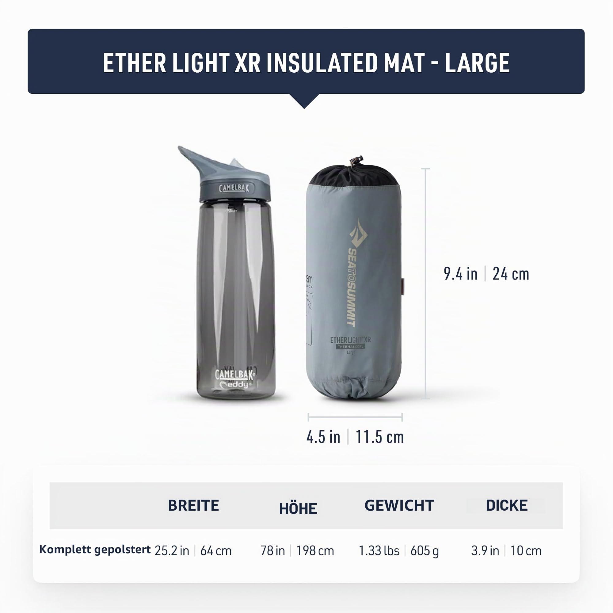 Sea to Summit – Ether Light XR Thermo Luftmatratze Large – ThermalCore Isolierung – Xpress Ventil – Packsack & Pillow Lock System – Ultrakompakt – 3 Jahreszeiten – Für Backpacking – Grau – 605g