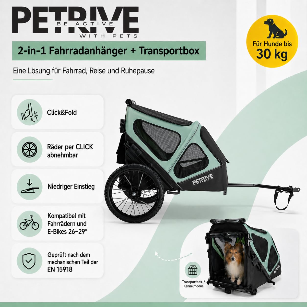 Przyczepa rowerowa 4 w 1 dla psów, wózek dla psów, duży transporter do 30 kg, PETRIVE