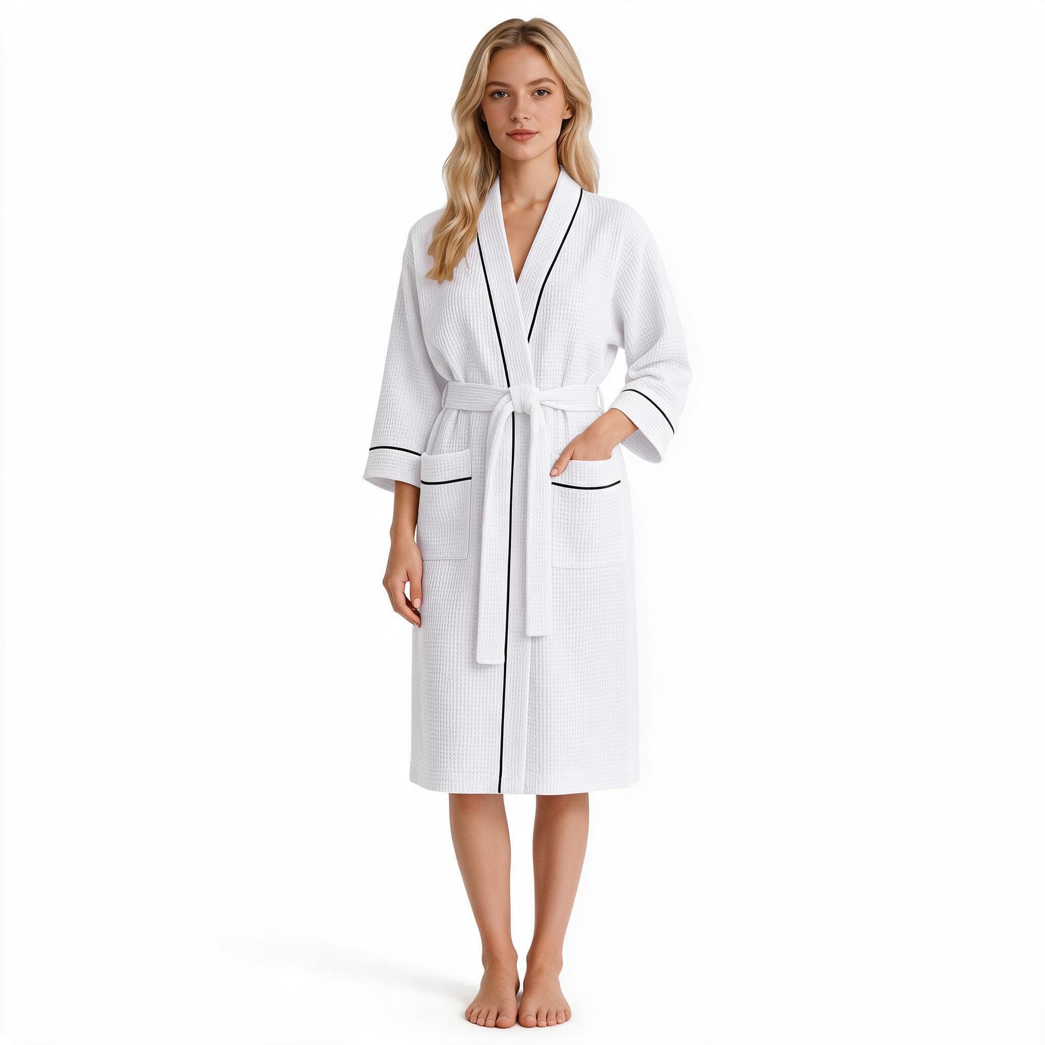 Inner Wish Women's Cotton Waffle Kimono Robe, Lightweight Quick Dry Spa Shower Robe with Pockets OEKO-TEX STANDARD 100