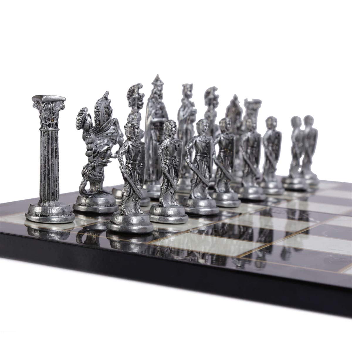 Royal Medieval British Army - Set di scacchi in metallo rame anticato per adulti, pezzi fatti a mano e scacchiera in legno con design in marmo, misura King 8 cm