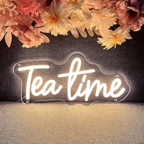 Image of Tea Time Neon Sign for Wall Decor Customized Led Neon Light Sign Personalized Birthday Marry Wedding Christmas Gift Sign Party Bedroom Bar Home Room (Warm White,35x15.9 CM)