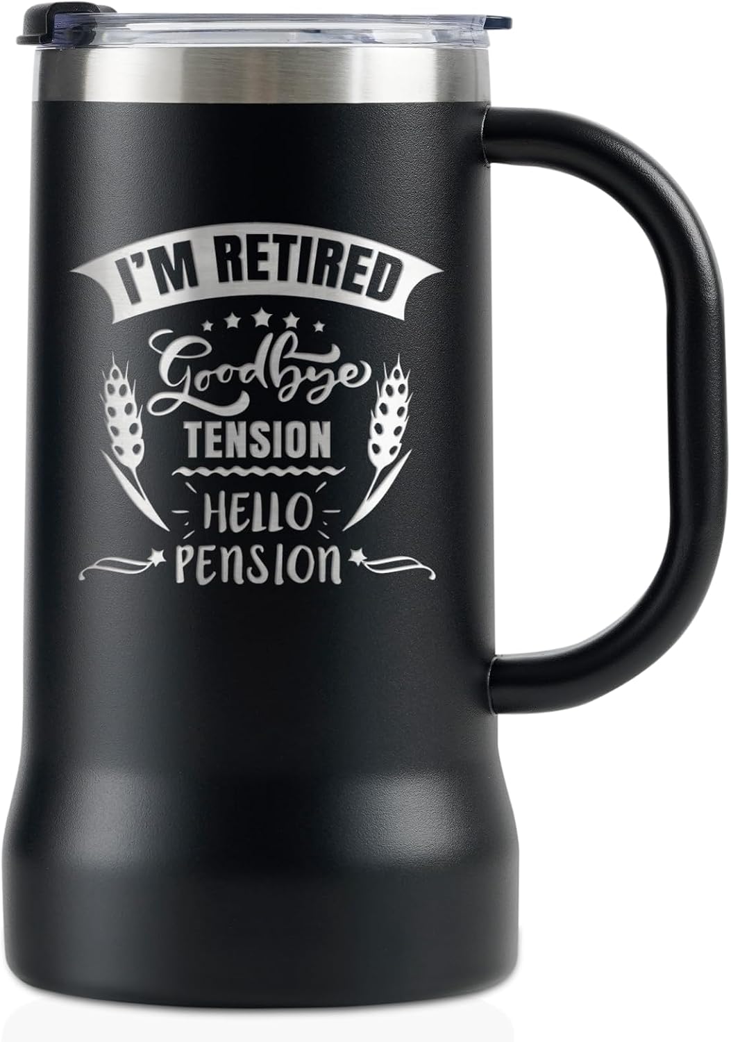 Onebttl Retirement Gifts for Men, Retirement Beer Mug with Handle and Lid, 24oz Stainless Steel Stein Tumbler for Retired Men - Goodbye Tension