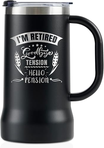 Onebttl Retirement Gifts for Men, Retirement Beer Mug with Handle and Lid, 24oz Stainless Steel Stein Tumbler for Retired Men - Goodbye Tension