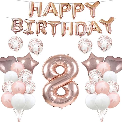 GLZLMM Globo de cumpleaños número 8, decoraciones de cumpleaños número 8, globos de color oro rosa con el número 8, suministros de fiesta de