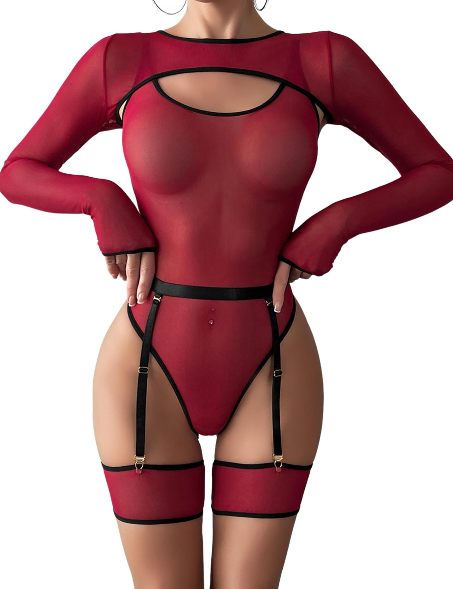 Aranmei Women 5 Piece Sexy Lace Bodysuit with Thigh Cuffs, Lingerie Teddy Baby Dollars with Thigh Sleeveless Garters - M - claret