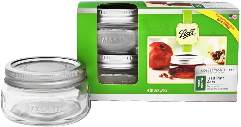 Ball FBA_61162 Collection Elite Half Pint, Wide Mouth, Set of 4, 4 Count (Pack of 1), Brushed Silver Lid, Clear Jar