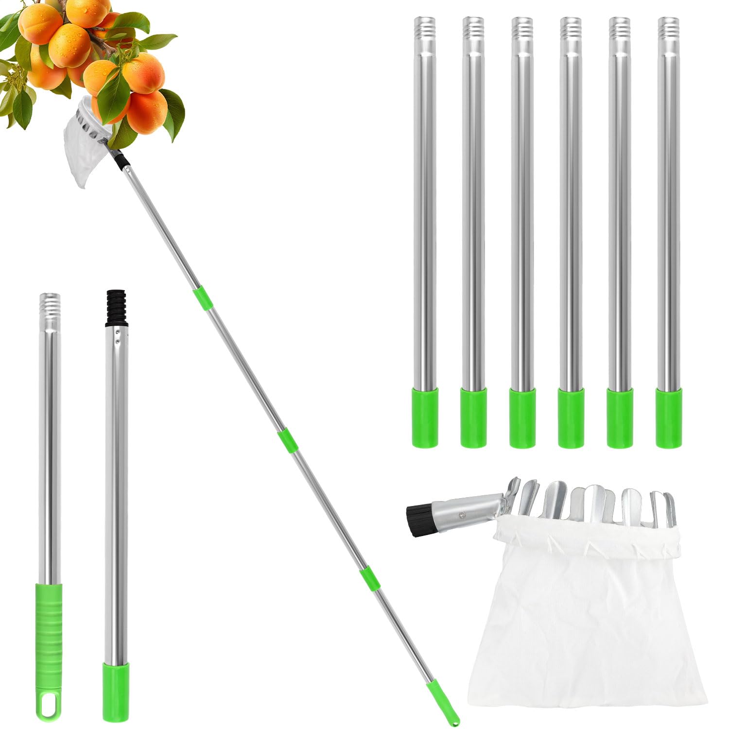 XIHIRCD Raccogli Frutta con Palo, Raccoglitore di Frutta Strumento Raccoglifrutta Regolabile con Cestello Telescopico in Acciaio Inox per Raccogliere Alberi di Mele Albicocche Mango Lime Nettarine