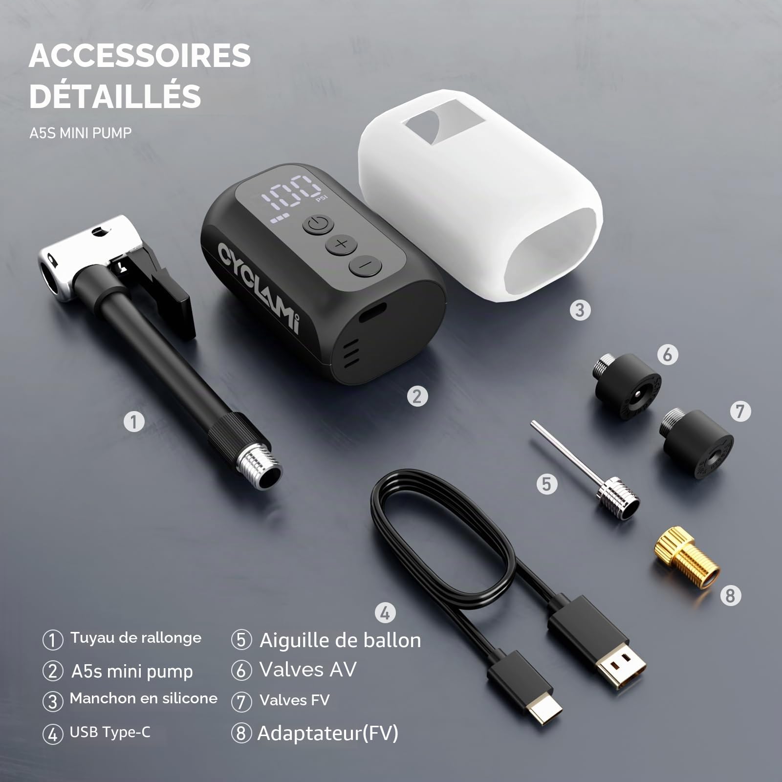 A5S Mini Pompe à air, électrique pour vélo Pompe,Électrique Compacte Max 100 PSI,Arrêt Automatique,Valves Presta et Schrader pour VAE, VTT et Vélo de Route(98g)