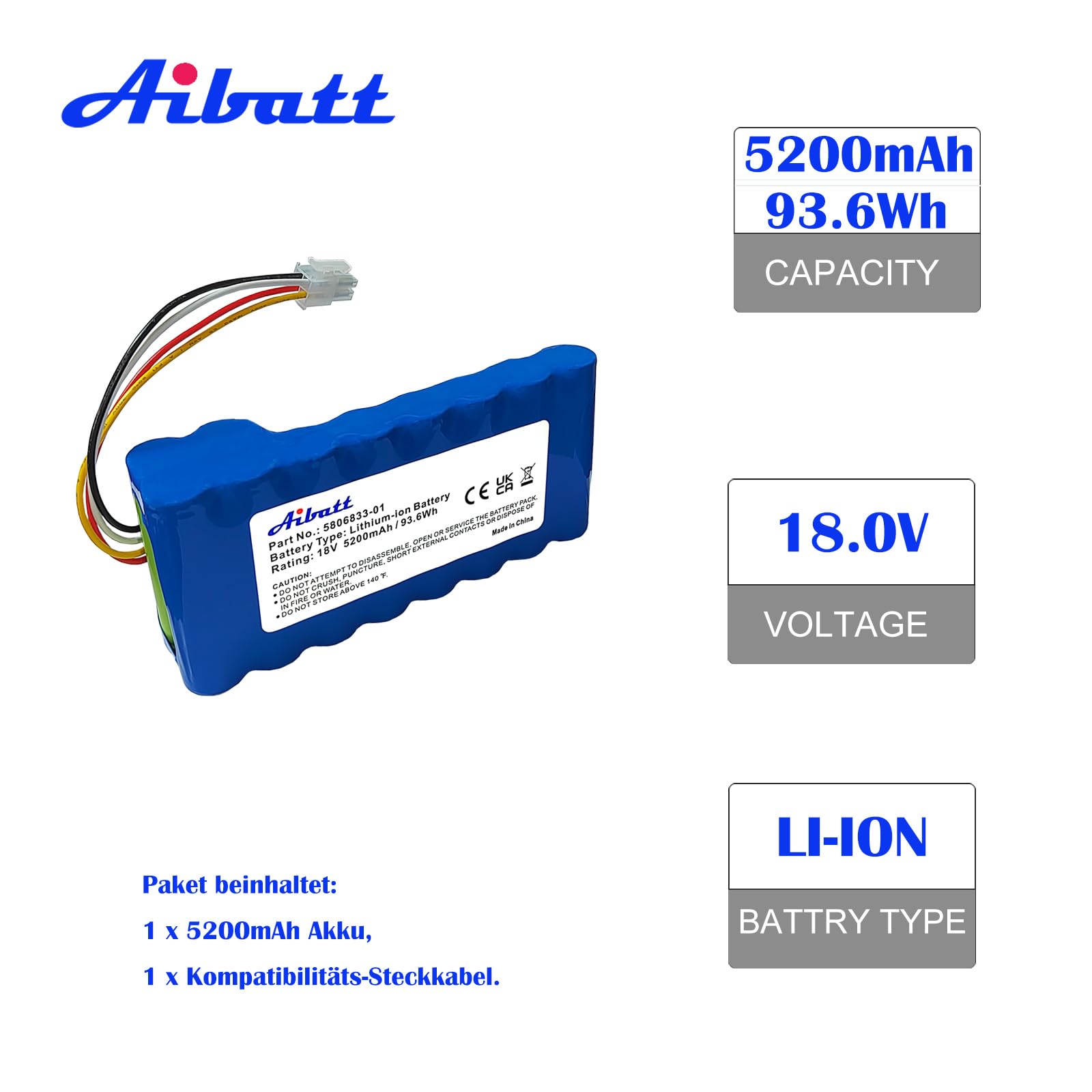 Batterie de Remplacement pour Robots de Tonte Husqvarna Automower 320,330X, 420,430,430X,450X,520,550,remplace Les Batteries 580 68 33-01,580 68 33-02 Lithium ION (Li-ION,5200mAh,18 V)