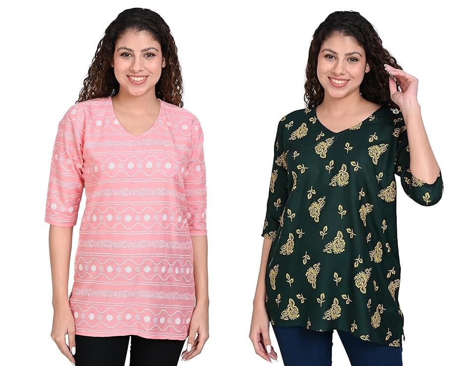 Image of OFEEFAN Women's Rayon Printed Short Kurtis - Pack of 2 | Ethnic Wear for Women | Regular Fit Comfortable Kurtas for Casual