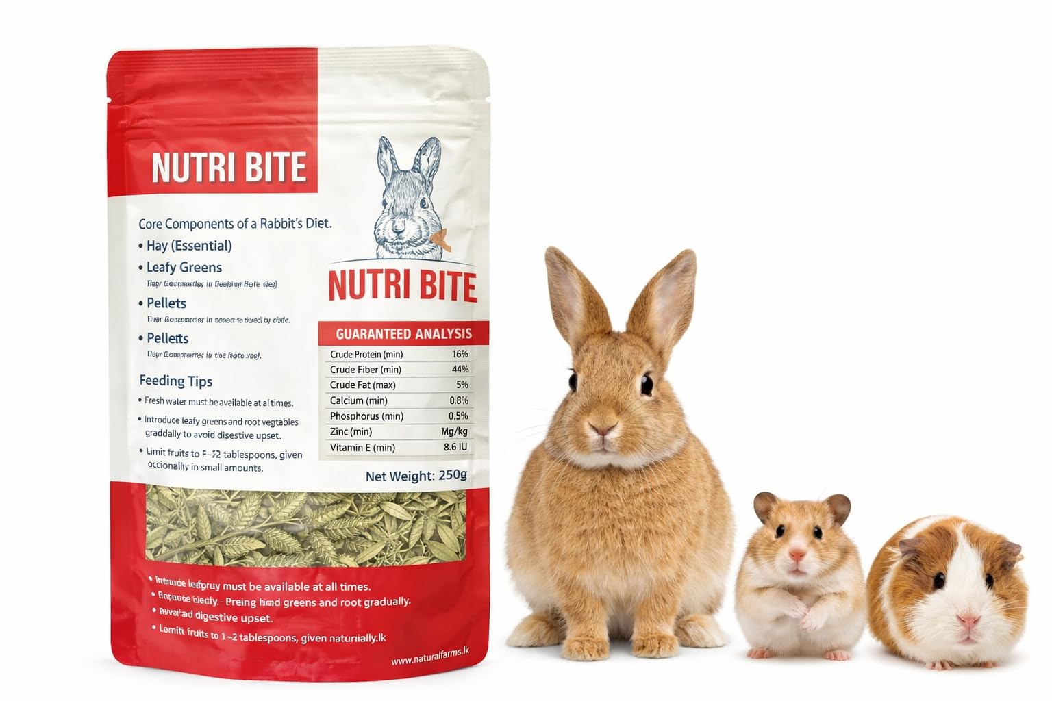 Nutri Bite Essentials Young Rabbit Food, 750gm (250g *3 Packet) | Hay & Leafy Greens Mix, 16% Crude Protein, 44% Crude Fiber, Farm Made, For Rabbits & Small Pets-image-3