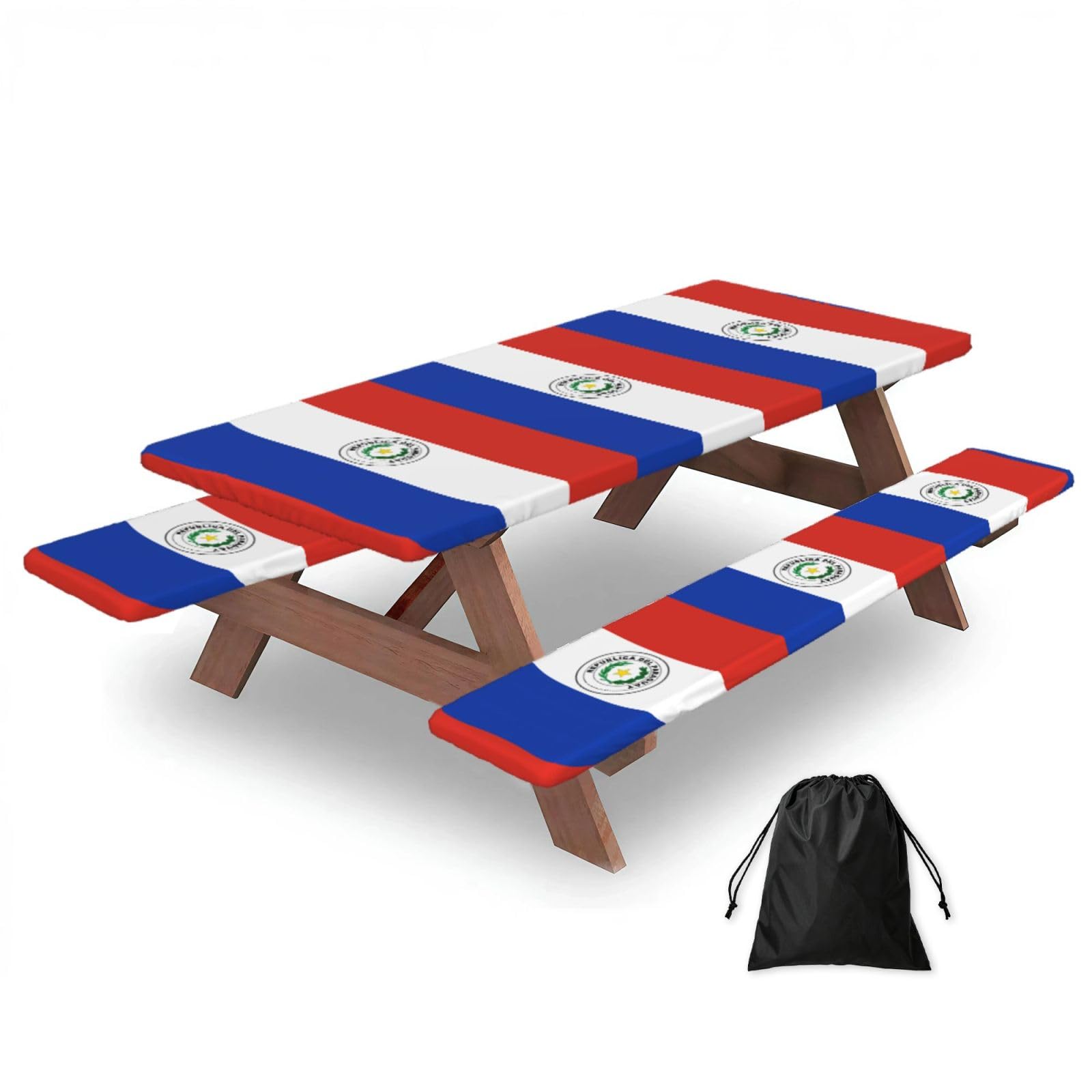 Hhbiuuo Black 72In Camping Table Cover & Bench Covers 3-Pack Set, Flag Of Paraguay Print Tablecloths, For Rectangle Tables Picnic