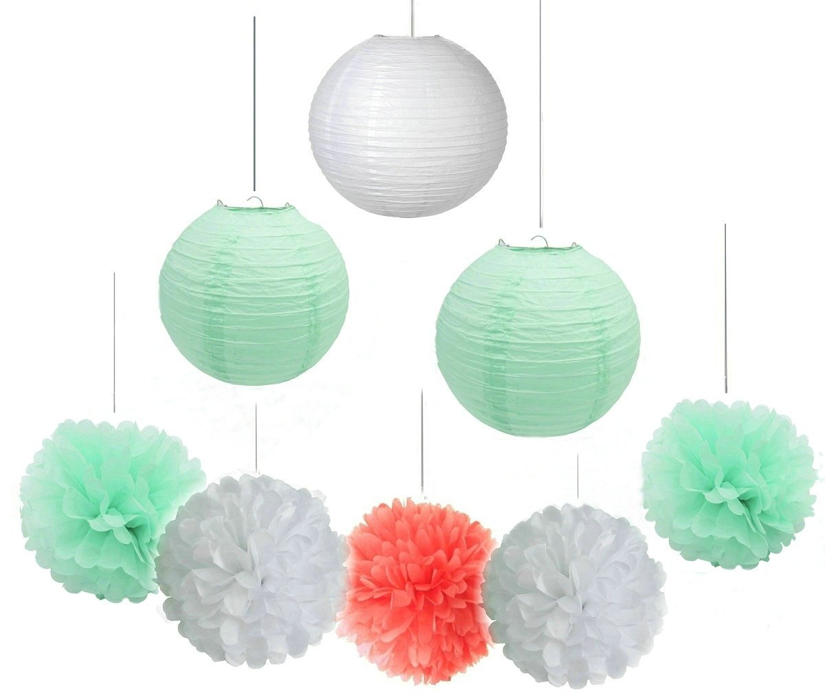 Fascola 16 pcs White Mint Green Coral Pom Pom Flower Tissue Paper Pom Pom Honeycomb Ball Paper Lantern Paper Flower Hanging Pom Wedding Nursery Paper Decorations Bridal Party Shower Decoration