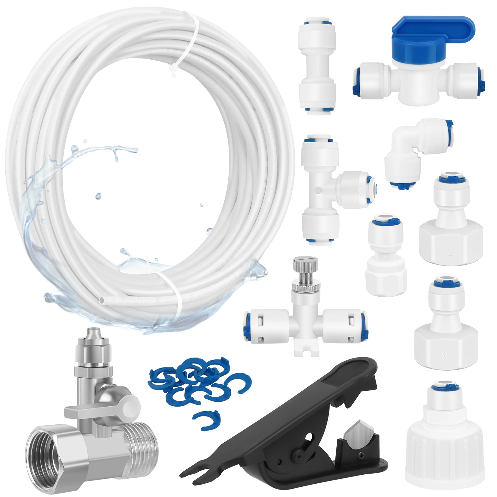 15m Tuyau D'alimentation en Eau Universel, Connecteur de Tuyau de Réfrigérateur 1/4" 6,35mm, Kit de Connecteur de Tuyau de Réfrigérateur, Kit de Connexion pour réfrigérateur,12 Pezzi