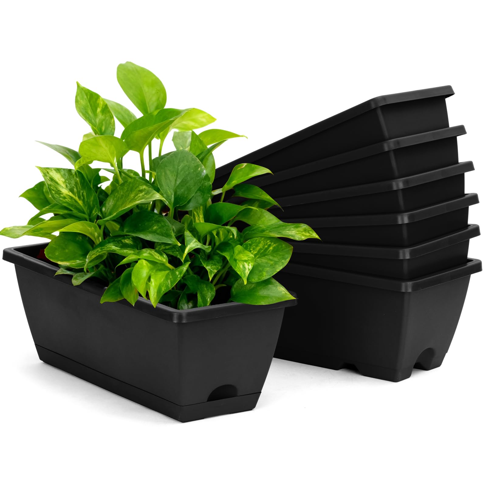 Bamworld 7 Pcs Window Box Planter, 43 cm Rectangle Flower Box with Drainage Holes and Trays, Plastic Planters for Windowsill Patio Porch Garden Decor, Black